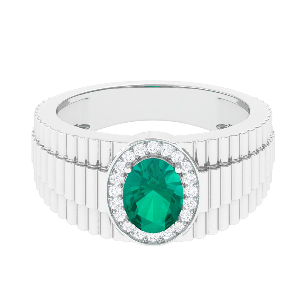 Oval Emerald Statement Engagement Ring with Diamond Halo Natural Emerald-AAA Quality - Virica Jewels