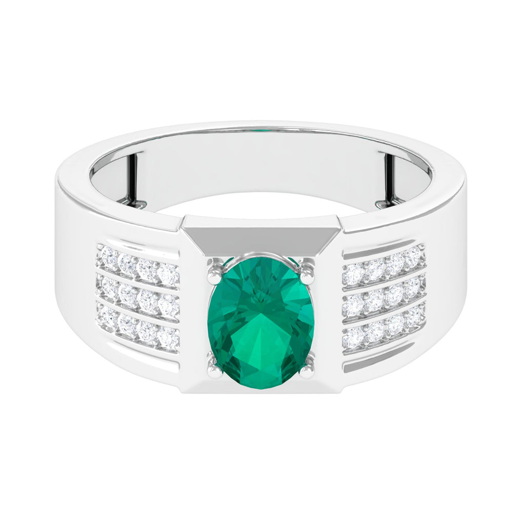 Classic Oval Shape Emerald Wide Engagement Ring with Diamond Natural Emerald-AAA Quality - Virica Jewels